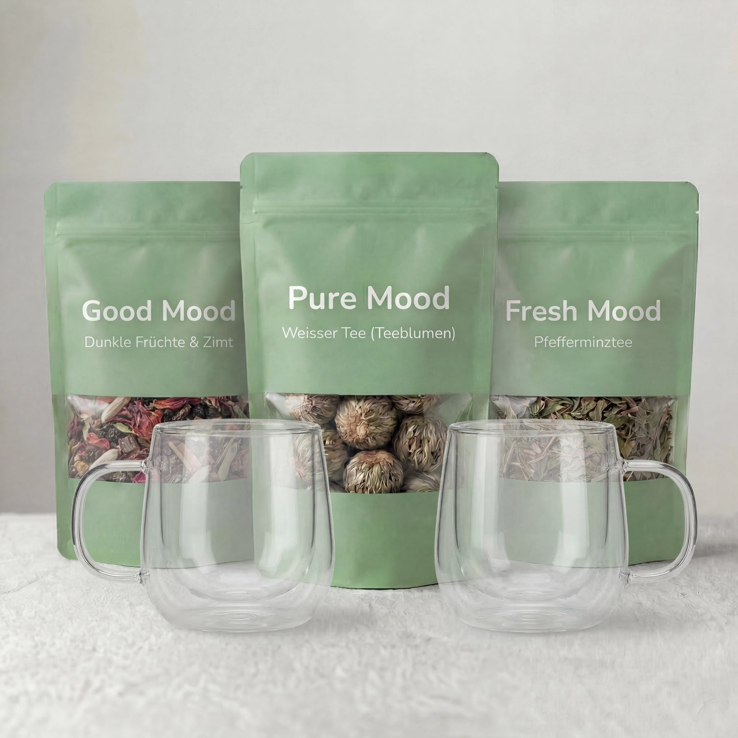 3er Tee Bundle + 2 doppelwandige Glastassen