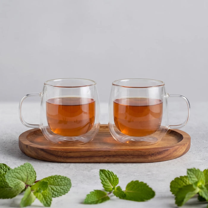 Zwei doppelwandige Glastassen mit Tee auf dem Holzbrettchen