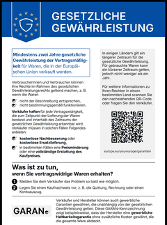 Gesetzliche Gewährleistung: Mindestens zwei Jahre gesetzliche Gewährleistung der Vertragsmässigkeit für Waren, die in der Europäischen Union verkauft werden. Klicken zum Vergrössern.