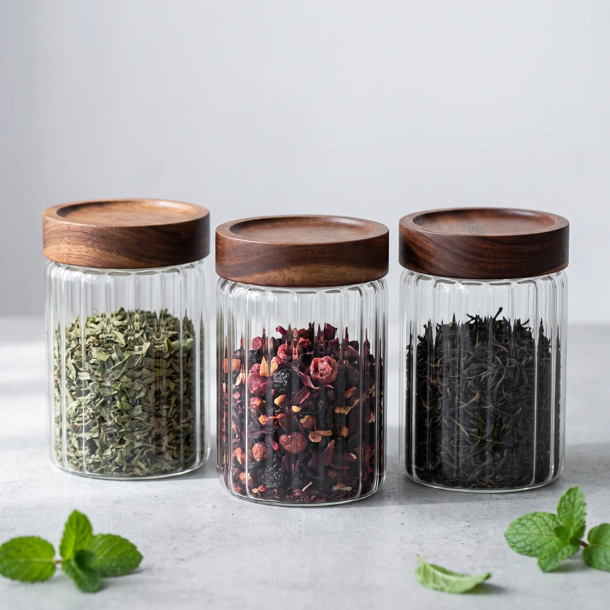 3er-Set Glas-Teedosen 500 ml mit Pfefferminze, Früchtetee und Schwarztee