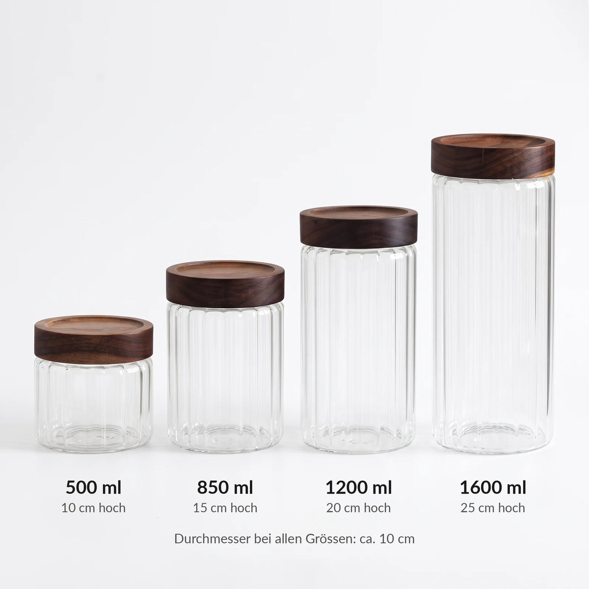 Grössenübersicht Glas-Teedose: 500 ml (10 cm hoch), 850 ml (15 cm), 1200 ml (20 cm), 1600 ml (25 cm), Durchmesser ca. 10 cm