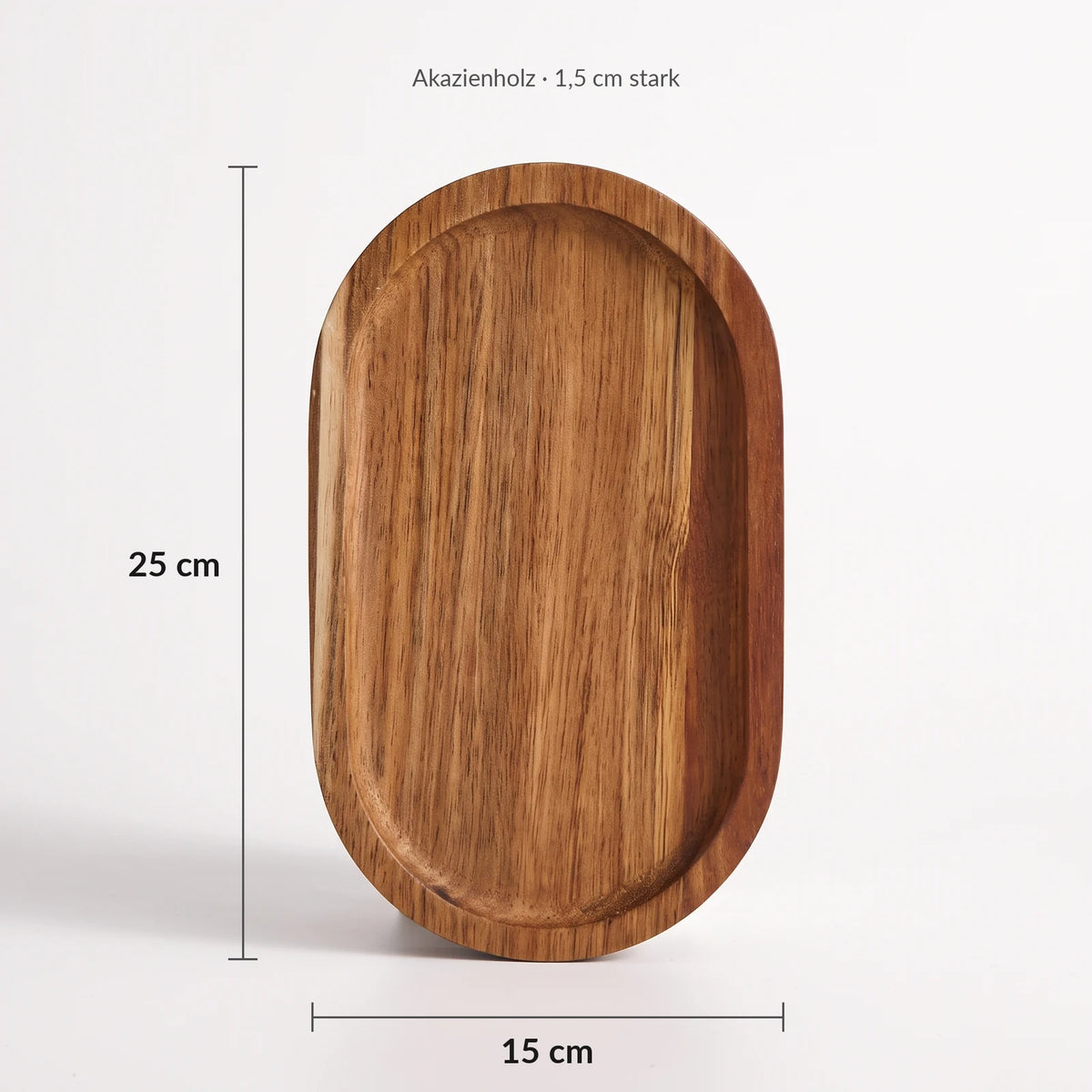 Masse Holzbrettchen: 25 cm lang, 15 cm breit, 1,5 cm stark, Akazienholz