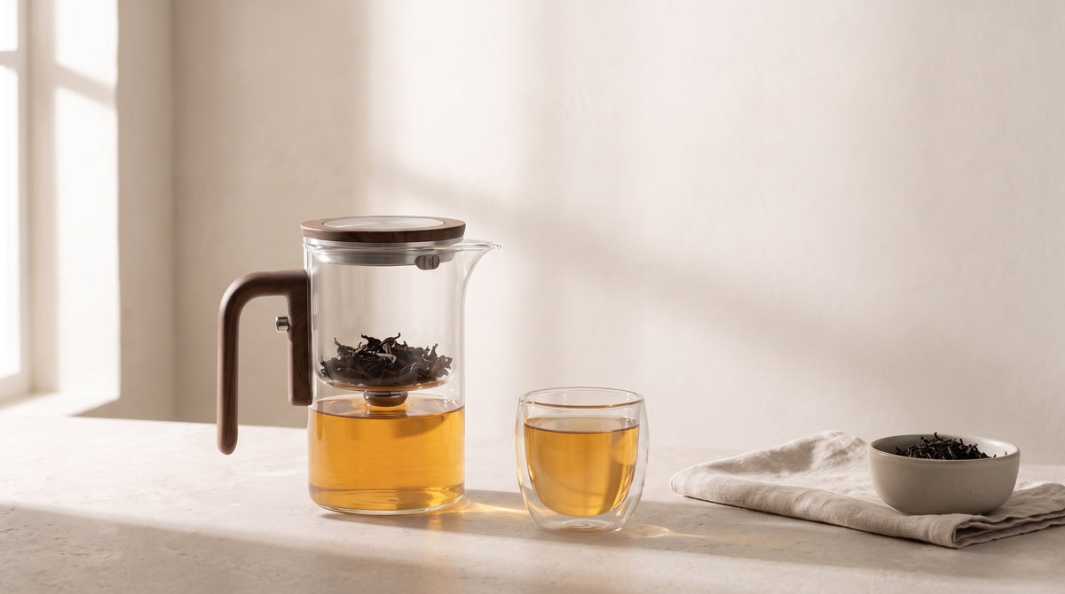 Tea Mood Teekanne mit Glastasse im Morgenlicht